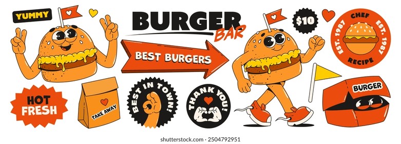 Set of burger stickers with a retro groovy style. Burger bar, cafe, fast food restaurant. Delivery and take away. Signage in the shape of an arrow. Funny comic retro design.