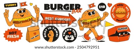 Set of burger stickers with a retro groovy style. Burger bar, cafe, fast food restaurant. Delivery and take away. Signage in the shape of an arrow. Funny comic retro design.
