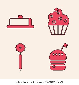 Set Burger , Strawberry cheesecake slice, Cupcake  and Pizza knife  icon. Vector