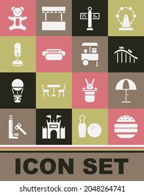 Set Burger, Sun protective umbrella, Roller coaster, Road traffic signpost, Hotdog, Tree, Teddy bear plush toy and Fast street food cart icon. Vector