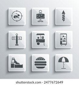 Set Burger, Sun protective umbrella, Vending machine, Fast street food cart, Water slide, Road traffic signpost, Hunt on rabbit with crosshairs and Firework rocket icon. Vector