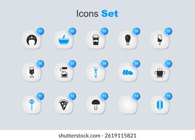 Set Burger, Tea bag, Mortar and pestle, Lollipop, Hotdog, Bowl of hot soup, Fish steak and Fork icon. Vector