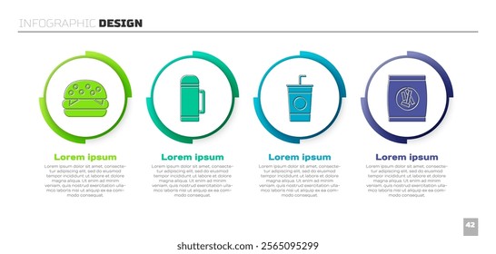 Set Burger, Thermos container, Paper glass with straw and Hard bread chucks crackers. Business infographic template. Vector