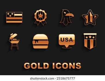 Set Burger, USA Independence day, American flag, Barbecue grill, Eagle,  and Medal with star icon. Vector