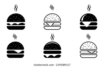 Se establece con iconos vectoriales de hamburguesa. Comida rápida. Hamburguesa con queso, sésamo y carne de vacuno. Comida norteamericana no saludable. Icono lineal.