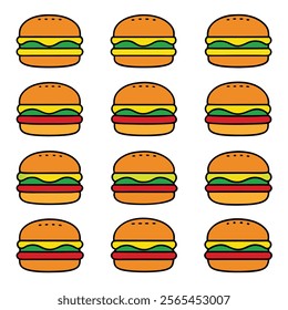 A set of burger vector illustration, buger, fast food, food, meal, burger icons, snack, delicious, hamburger 