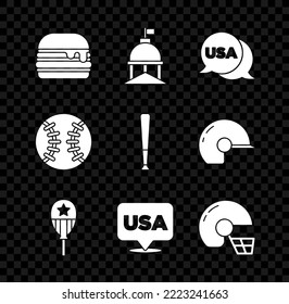 Set Burger, White House, USA Independence day, Balloons, American football helmet, Baseball and bat icon. Vector