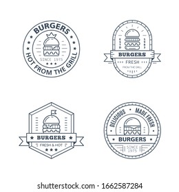 Set of Burgers badge design isolated on white background. Black and white line art illustration. Fast food restaurant emblem design