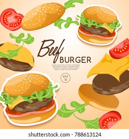 Set of Burgers : Beef Burger with Ingredients : Vector Illustration