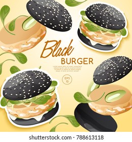 Set of Burgers : Black Burger with Ingredients : Vector Illustration