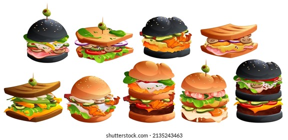 Set of burgers with cheese, meat, bacon and vegetables. Isolated vector fast food with black buns, sesame, lettuce, tomato, eggs, olives. King size and classic american traditional cartoon junk meals