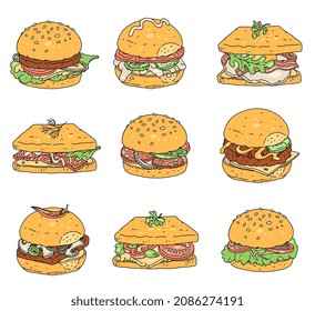 Set of burgers, cheeseburgers and sandwiches in sketch style, vector illustration isolated on white background. Collection of hand drawn fast and junk food meals for cafe or restaurant menu design.