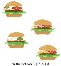 Set of burgers, cheeseburgers. Various sauces and ingredients