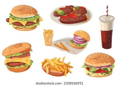 Juego de hamburguesas. Deliciosamente ilustración de dibujos animados con un conjunto de hamburguesas de diseño plano. Con sus coloridos ingredientes, bollos perfectamente tostados y jugosas fiestas. Ilustración vectorial.