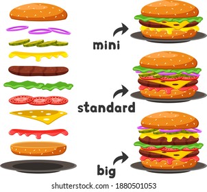 Set of burgers of different sizes and their components on a white background.