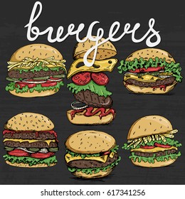 A set of burgers drawn by hand