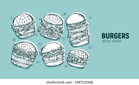 Set of burgers. Fast food sketch. Sandwich with chiken, bacon, french fries and other
