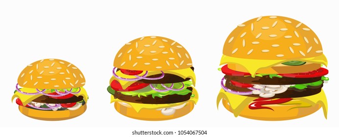 Set of burgers.  Hamburger, cheeseburger, beefburger, double burger. Delicious fast food. Modern style vector illustration icons. Isolated on white background. 