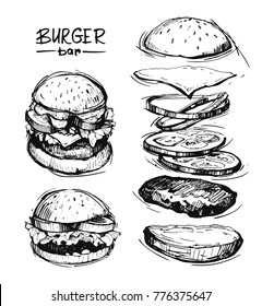 Set of burgers. Hand drawn sketch illustration converted to vector. Isolated on white background.