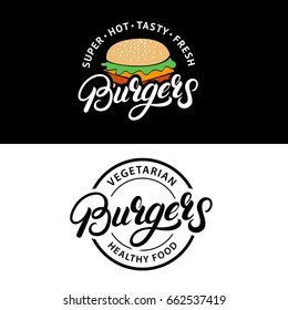 Set Burgers hand written lettering logos, badges, labels, emblems. Vintage retro style. Vector illustration.