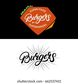 Set Burgers hand written lettering logos, badges, labels, emblems. Vintage retro style. Vector illustration.