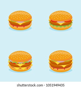 Set of burgers isolated on blue background. Hamburger, cheeseburger, beefburger, double burger. Vector illustration.