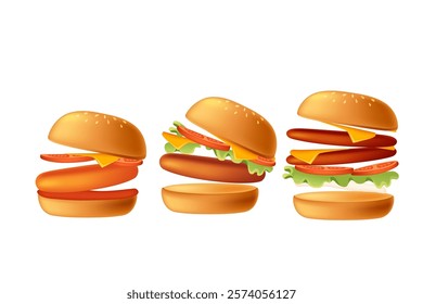 Set of burgers with layers of meat, cheese, lettuce, and buns. Ideal for fast food menus, advertising, or food packaging. Vector illustration isolated on white background