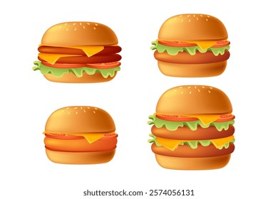 Set of burgers with layers of meat, cheese, lettuce, and buns. Ideal for fast food menus, advertising, or food packaging. Vector illustration isolated on white background