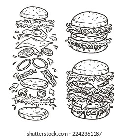 Set of burgers with meat, cheese and vegetable for design of logo or emblem. American fast food or hamburgers for label or poster. USA food ingredients.