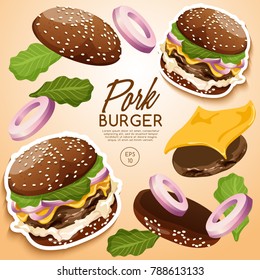 Set of Burgers : Pork Burger with Ingredients : Vector Illustration