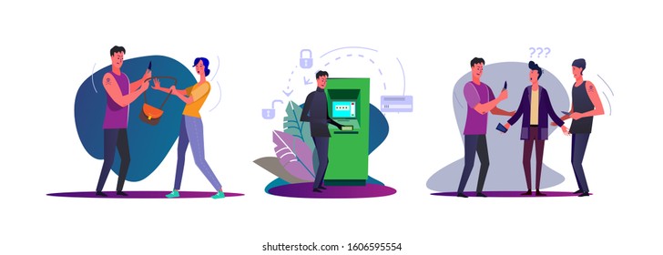 Set of burglars robbing citizens. Flat vector illustrations of thieves robbing ATM, stealing purse. Crime concept for banner, website design or landing web page