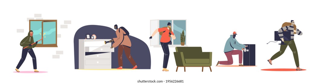 Set of burglars robbing houses and safes. Criminal men in masks housebreaking for robbery. Male robbers stealing from houses after breaking. Flat vector illustration