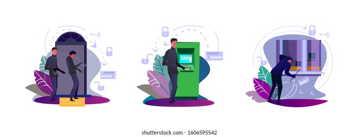 Set of burglars trying to rob apartments. Flat vector illustrations of thieves opening door, looking at window, robbing ATM. Crime concept for banner, website design or landing web page