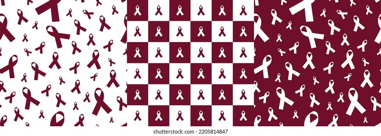 Set of Burgundy Awareness Ribbon Seamless and repeatable pattern on white and Burgundy backgrounds. Editable and scalable Vector Illustration. For headaches, Hughes's, Hirschsprung's, Meningitis