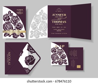 Set of Burgundy Rose Laser Cut with Golden Ribbon Wedding Invitation Card.Vector/Illustration