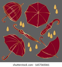 Set of burgundy umbrellas. Golden drops. Black background. Stock illustration.