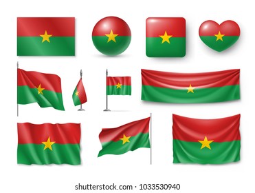 Set Burkina Faco flags, banners, banners, symbols, ralistic icon. Vector illustration of collection of national symbols on various objects and state signs