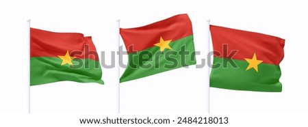 Set of Burkina Faso waving flag on flagpole. Realistic 3d design flag flies on the wind on isolated white background. vector illustration