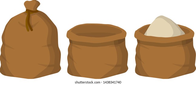 Set of burlap bag. Open, closed and empty sack. Packed grain. Element of the farm, village and countryside. Production of natural food. Cartoon flat illustration