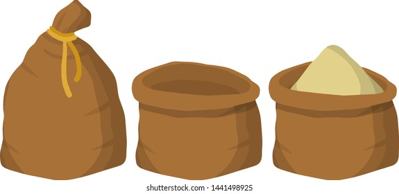 Set of burlap bag. Open, closed and empty sack. Packed grain. Element of the farm, village and countryside. Production of natural food. Cartoon flat illustration