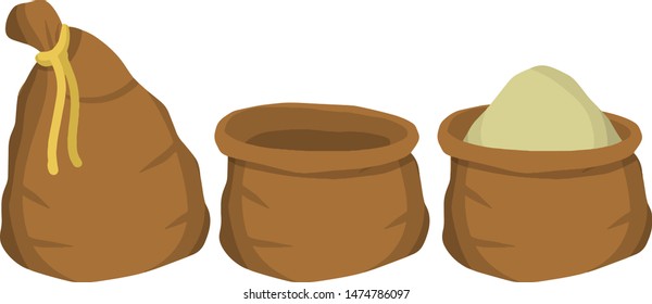 Set of burlap bag. Open, closed and empty sack. Packed grain. Production of natural food. Cartoon flat illustration. Element of the farm, village and countryside