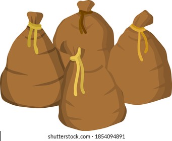 Set of burlap bag. Production of natural food. Cartoon flat illustration. Element of the farm, village and countryside. Packed grain