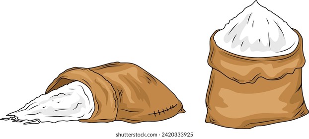 A set of burlap sacks full of rice. collection of burlap sacks