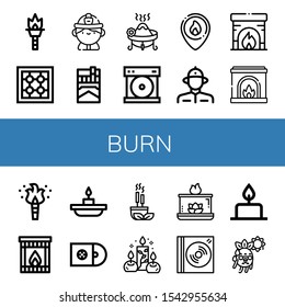 Set of burn icons. Such as Torch, Stove, Firefighter, Cigarette, Incense, Compact disc, Fireplace, Candle, Cds, Candles, Aromatic candle, Dvd, Hot , burn icons