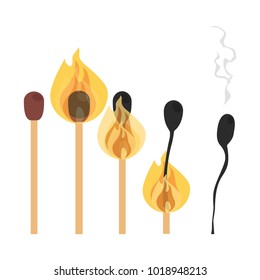 Set of burned matches at various stages. Stages of gradual combustion of a match. Vector illustration in a flat style isolated on white background, cartoon design.