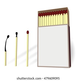 Set of burned Matches at various stages. Opened blank book of matches. Vector illustration on a white background.