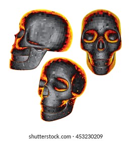 Set of Burning 3D Skulls Isolated on White Background. Low Poly Realistic Vector Illustration. Collection of Skulls in Different Views in Reflection of Flame.