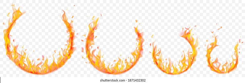 Set of burning arcs in different sizes with translucent fire flames on transparent background. For used on light illustrations. Transparency only in vector format