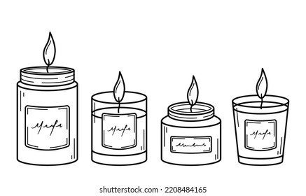 Set of burning aroma candles in glass jars. Hand drawn sketch icons. Isolated vector illustration in doodle line style.