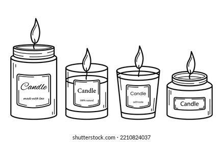 Set of burning aroma candles in glass jars with labels. Collection trendy elements of decor for home and cosy. Spa, aromatherapy, relaxation. Doodle sketch style. Vector illustration.